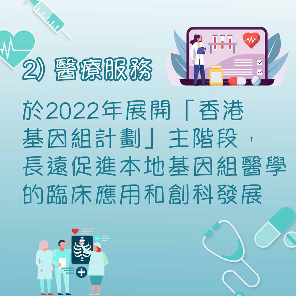 （2）醫療服務︰於2022年展開「香港基因組計劃」主階段，長遠促進本地基因組醫學的臨床應用和創科發展